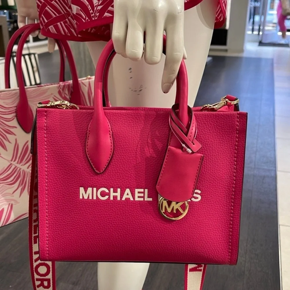 MICHAEL KORS Mirella Small Pebbled Leather Crossbody Bag Tote Electric Pink